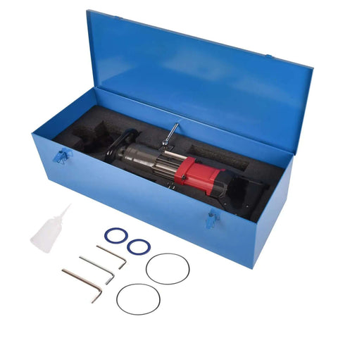 Powerhouse 1200W Electric Hydraulic Rebar Bender Tool in blue storage box with accessories