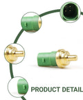 Coolant temperature sensor for automotive use, green plastic body with brass sensing tip and electrical connector.
