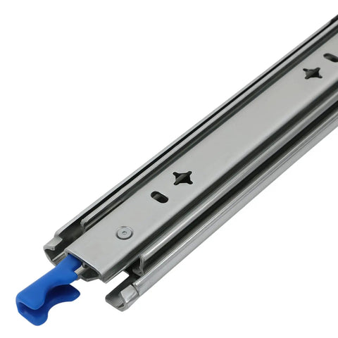 Close-up view of 32 Inch Heavy Duty Drawer Slides With Soft Close And Lock Built To Take A Beating, 265 Lb Load Capacity, zinc coated.