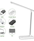 LED Touch Desk Lamp With USB Charging Port And 5 Lighting Modes And 5 Brightness Levels Auto Shutoff And Sleep Timer For Bedroom And Office Sleek And Smart Eye Friendly Flicker Free Light Silver Finish with charging connections