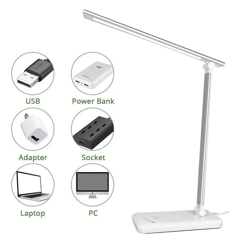 LED Touch Desk Lamp With USB Charging Port And 5 Lighting Modes And 5 Brightness Levels Auto Shutoff And Sleep Timer For Bedroom And Office Sleek And Smart Eye Friendly Flicker Free Light Silver Finish with charging connections