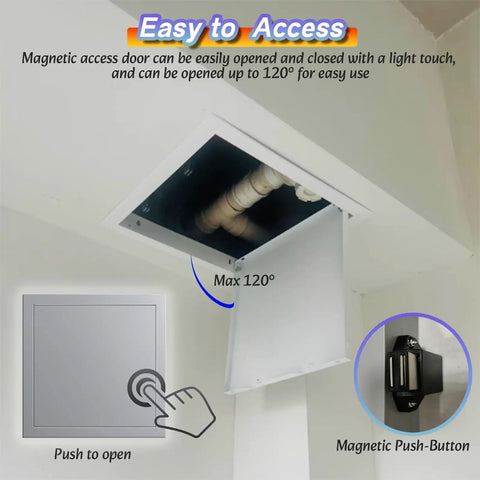Rock Solid Light Gray Access Panel For Drywall And Ceiling Hatches Rust Resistant Galvanized Steel Inspection Door Hatch partially opened to reveal pipes.