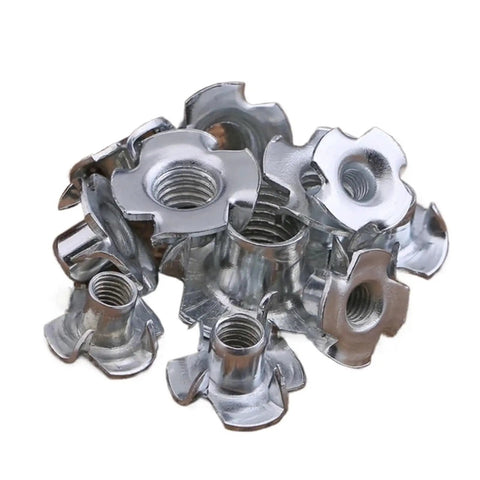 T Nut Zinc Plated Four Claw Blind Nut Insert For Wood Furniture And Speaker Mounts pronged in close-up view