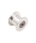 Top Tier Aluminum GT2 Idler Pulley With Slick Toothless Design And 8mm Bore for 10mm timing belts, showing polished aluminum surface.