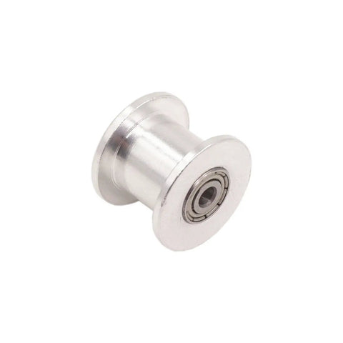 Top Tier Aluminum GT2 Idler Pulley With Slick Toothless Design And 8mm Bore for 10mm timing belts, showing polished aluminum surface.