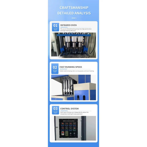 Detailed analysis of the Semi Automatic Bottle Blowing Machine showing infrared oven, fast running speed, and control system.