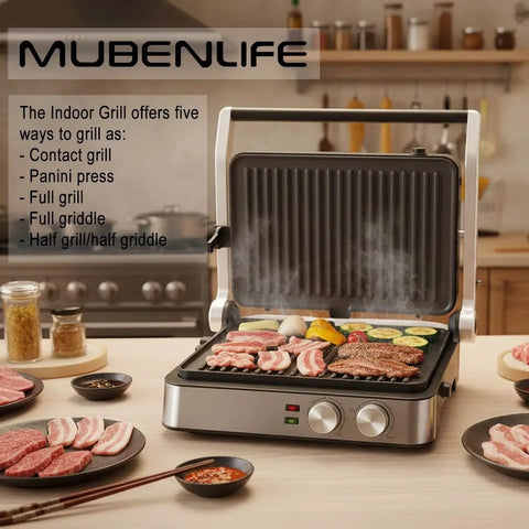 4 Slice Panini Press Contact Grill With Removable Non Stick Coated Plates Temperature Control Timer And Open 180 Degree Design For Cooking Sandwiches Steaks Sausages Quesadillas Half Black Stainless Steel Finish in use with grilling meats and veggies on kitchen counter.
