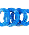 Rock Solid 1/4 Inch Npt Fitting Polyurethane Air Hose Ultra Smooth Flexing Pneumatic Tubing in blue coils, ready for carpentry and roofing.