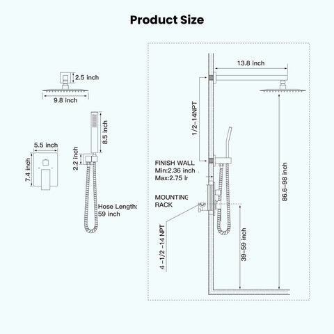Rainfall Shower System 10 Inch Wall Mounted Matte Black High Pressure Square Shower Head And Pressure Balance Handheld Head dimensions