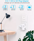 Six In One UK Travel Plug Adapter with Three Outlets and Three USB Ports Two USB C Ports in wall socket, white, home setting