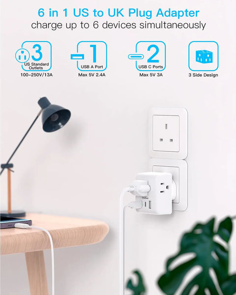Six In One UK Travel Plug Adapter with Three Outlets and Three USB Ports Two USB C Ports in wall socket, white, home setting
