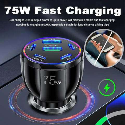 Six Port Car Charger Delivering Seventy Five Watts With Four Usb Type C And Two Classic Usb A Outlets That Hand PD Thirty Watt Lightning Speed To Your Phones And Tablets So You Can Cruise All Day Keeping Gear Fully Charged On The Road, displayed in a close-up view.