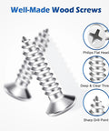 Close-up of stainless steel wood screws featuring Phillips flat head, sharp drill point, and deep thread, labeled as well-made.