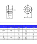 Heavy Duty 50 Pcs M3 Nylon Lock Nuts Featuring Matte Black Zinc Plated Steel Core M3 0.5mm Pitch Hex Shape No Slip Inserts dimensions chart