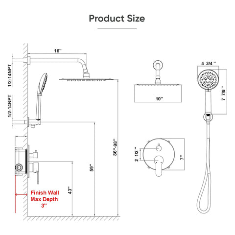 Gabrylly brushed-gold two-piece shower head system with 10-inch rain head and 5-setting handheld spray.