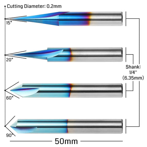 CNC Wood Carving Router Bit Set With 1/4 Inch Shank - 4 Piece, Pro Grade Tungsten Carbide Bits With Nano Blue Coating, side view