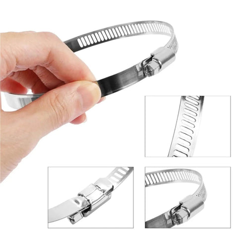 Heavy Duty 30 Pc Stainless Steel Hose Clamp Kit With Adjustable Worm Gear Design Perfect For Auto Marine Plumbing And Diy Projects To Secure Pipes Like A Boss Without Breaking The Bank stainless steel worm gear hose clamp held by hand