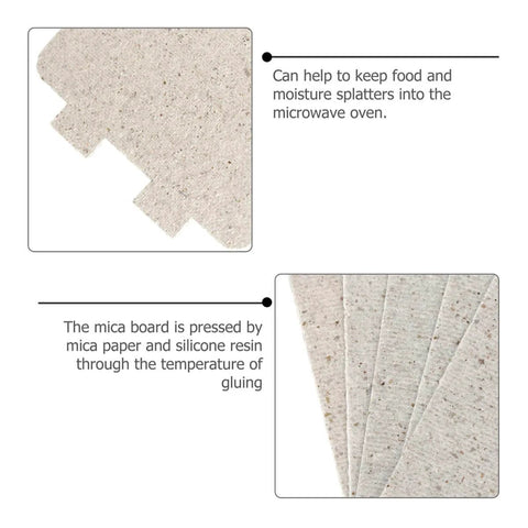 Close-up of 7 Piece Microwave Waveguide Mica Sheets Heat Resistant Insulation Plates with texture detail and benefits highlighted.
