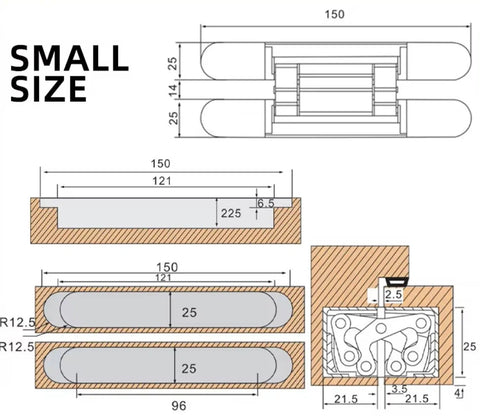 Image showing dimensions of Six Inch 3D Adjustable Concealed Door Hinges Two Pack Boss Grade Heavy Duty Invisible Cabinet Hardware.