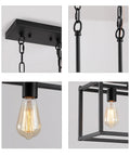 Three Light Black Linear Chandelier for Modern Dining Room and Kitchen Island Bar Rectangle Farmhouse Pendant Light Industrial Style Fixture with UL Listed showing close-up details of black metal chains, E26 bulb sockets, and rectangular frame.