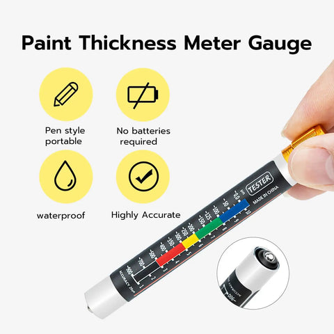 Person holding Paint Thickness Tester Meter Gauge For Cars, Magnetic Coating Tester No Batteries Needed, waterproof design