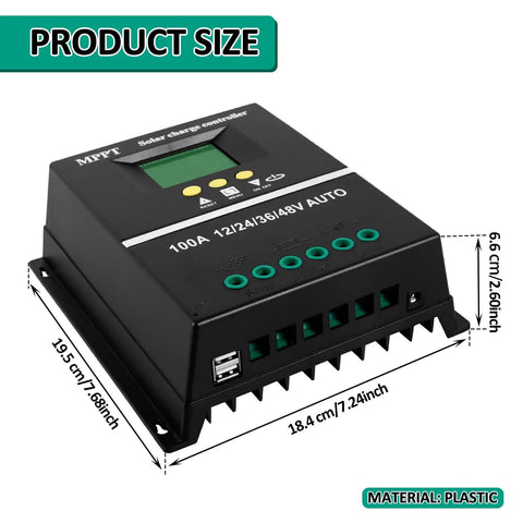 100A MPPT Solar Charge Controller With LCD Display, Auto Detects 12V/24V/36V/48V, plastic casing, size dimensions visible