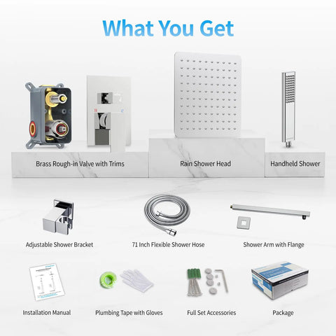 What you get with 10 Inch High Pressure Wall Mounted Square Shower System With Handheld And Valve Chrome Polished Finish; components displayed