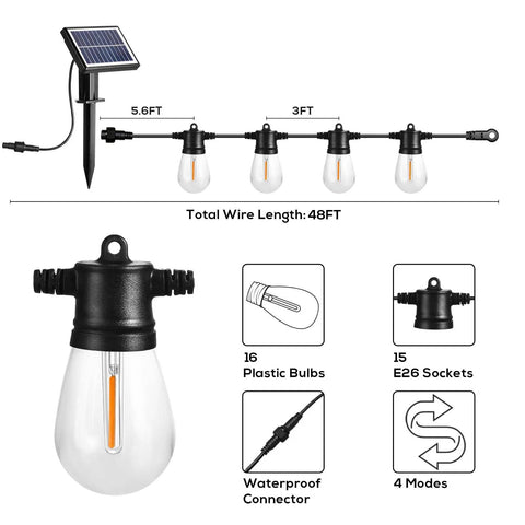 48 Foot Solar String Lights Outdoor USB Rechargeable Waterproof Shatterproof Bulbs Hanging Lights For Backyard Porch Garden Cafe Camping Party And Patio Vibe Decor with solar panel, bulbs, and features shown.