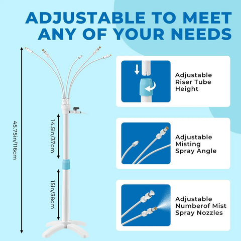 Stand Up Outdoor Mister System With Adjustable 46 Inch Height 5 Brass Nozzles And 26 Foot Hose showing adjustable features and measurements