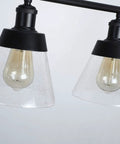 Close-up of Dope 3 Light Farmhouse Black Kitchen Island Pendant Light With Clear Seeded Glass And Adjustable Rods Industrial Rustic Linear Chandelier For Kitchen Island And Dining Room, showcasing two bulbs with clear seeded glass shades.