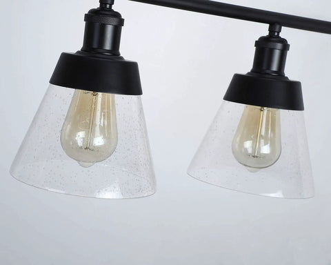Close-up of Dope 3 Light Farmhouse Black Kitchen Island Pendant Light With Clear Seeded Glass And Adjustable Rods Industrial Rustic Linear Chandelier For Kitchen Island And Dining Room, showcasing two bulbs with clear seeded glass shades.