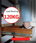 Built Like A Tank Heavy Duty Drawer Slides With Lock Industrial Steel Frame Handles 264 Lb Load Full Extension Ball Bearing Glide Tracks Smooth Soft Close Action 12 Inch Run 10 Pair Box with person standing on drawer.