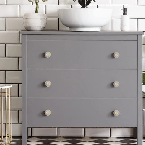 Gray dresser with Dope Crystal Glass Cabinet Knobs 8 Pack Gold Brass Drawer Handles For Furniture in bathroom setting
