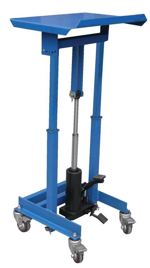 Rugged Hydraulic Work Positioner Floor Stand With Smooth Foot Pump 330 Lbs Capacity 16 By 20 Inch Platform side view with hydraulic pump and wheels.