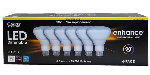 Box of dimmable LED BR30 flood light bulbs 65W equivalent soft white 750 lumens 8.3W energy saving long life 15,000 hours six pack