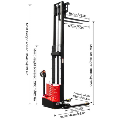 Heavy Duty Electric Pallet Stacker With 2640 Lbs Load Capacity And Adjustable Forks Effortless material handling design with lift measurements and controls.