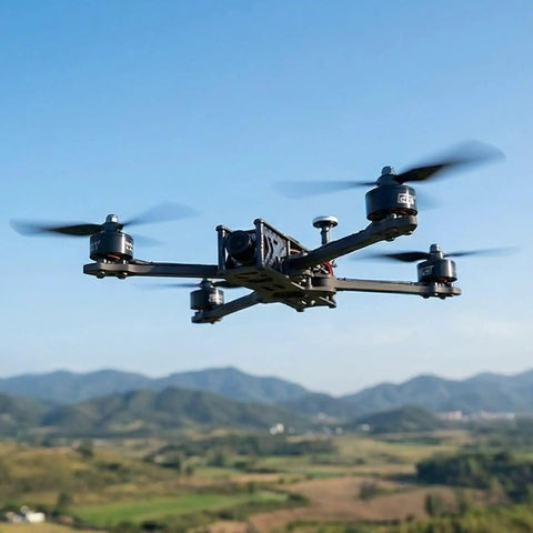 X2812 900KV Brushless FPV Drone Motors for 7 and 8 inch quad frames flying in open landscape, showcasing efficient performance.