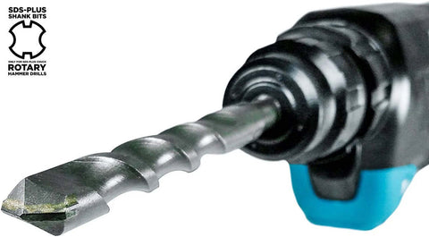 Close-up of Makita SDS-Plus carbide-tipped drill bit mounted in a blue rotary hammer