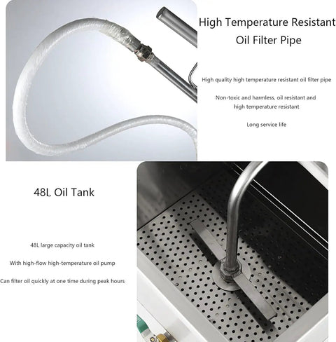 High temperature resistant oil filter pipe and 48L oil tank for Heavy Duty 550W Commercial Mobile Fryer Filter Machine With 65L Stainless Steel Oil Filtration System.