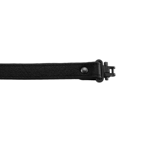 Rugged Buffalo Hide Rifle Sling With Mil Spec Swivels And Black Leather Hunting Strap showing heavy duty metal hardware details.