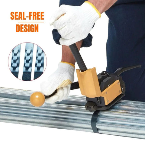Heavy Duty Sealless Steel Strapping Tool Manual 3In1 Tensioner Crimper Cutter For Half And Three Quarter Inch Metal Bands in use.
