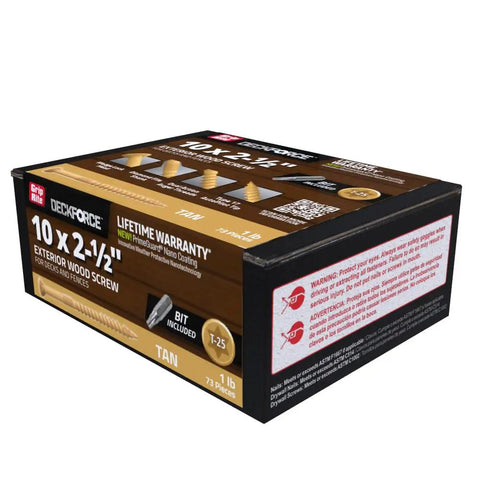 Rock Solid Exterior Wood Screws For Decks And Fences Featuring Nano Coated Corrosion Shield Built Like A Tank For Pressure Treated Lumber With An Easy Install Autopilot Tip In Natural Tan Color Per Single Pound Box packaging showing screws and included bit.