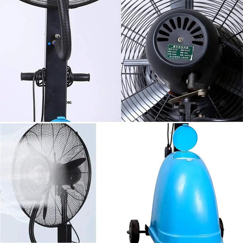 Heavy Duty Standing Mist Fan With Slick Pure Copper Motor Delivers High Pressure Water Cooled Outdoor Spray For Kickin Up Sweet Breezes And No Fuss Industrial Humidification That Totally Slays The Heat, featuring misting spray and durable design.