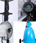 Heavy Duty Stand Misting Fan For Backyard Patio Cooling With Pure Copper Motor And Durable Aluminum Blades showcasing fan details and water mist feature.