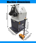 Rock Solid Three Roll Pinch Bender Ring Roller Metal Bending Machine with dimensions and foot pedal control.