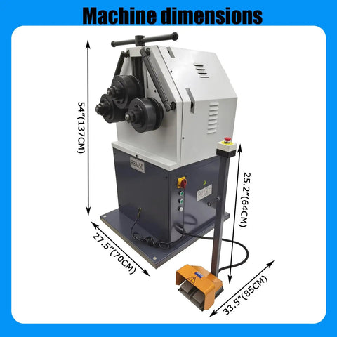 Rock Solid Three Roll Pinch Bender Ring Roller Metal Bending Machine with dimensions and foot pedal control.