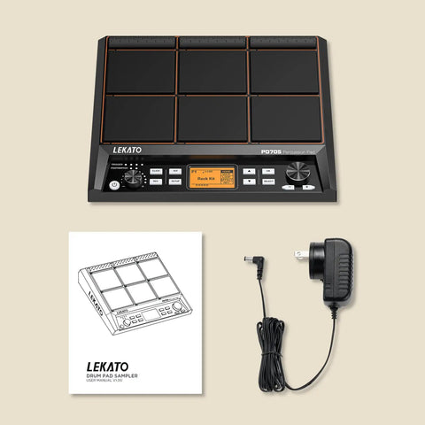 Percussion Sample Pad For Electric Drum Kit With 9 Velocity-Sensitive Pads, power adapter, and manual displayed on a beige background