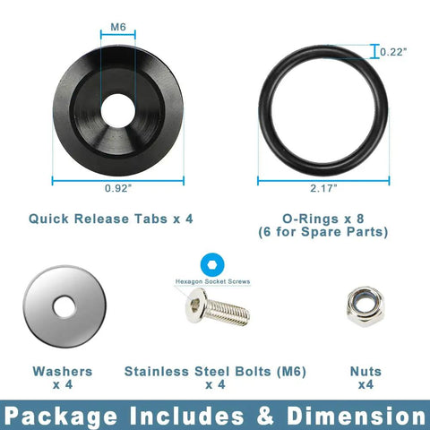 Front And Rear Bumper Quick Release Fasteners Kit Bolt On Ready 4 Piece Black Aluminum CNC Machined With Stainless Bolts Nuts Washers And O Ring Set Included showing components and dimensions.