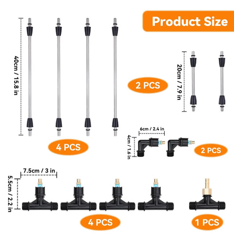 Beefy Six Adjustable Nozzles Poly Boom Wand With Three Eighths Inch Brass Fitting parts layout and size dimensions