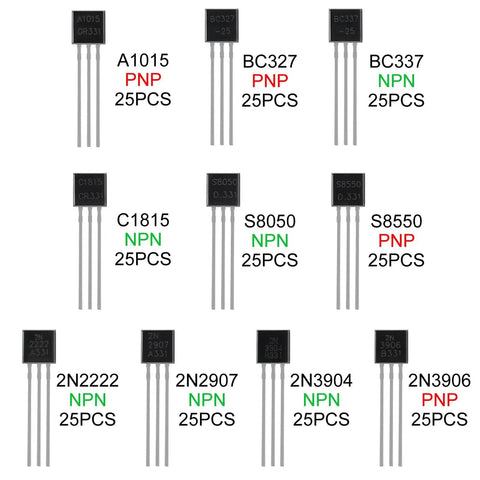 Dope 250 Pack Transistor Assortment Kit With 10 Values A1015 BC327 BC337 C1815 S8050 S8550 2N2222 2N2907 2N3904 2N3906 NPN PNP